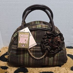 Juicy Couture Brown Plaid Satchel with Flower